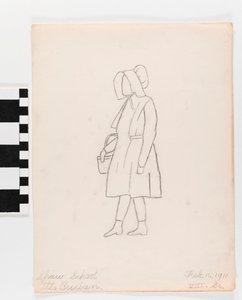 Pencil drawing on paper of a person in a dress, carrying a basket, and wearing a prairie hat